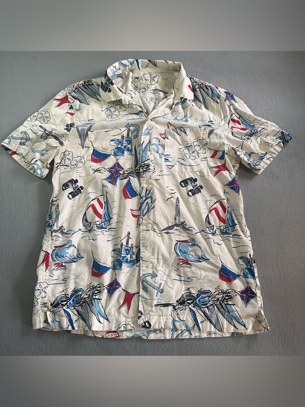 J. Crew Camp Shirt Sailboat Print Nautical Button Up Men's Medium Preppy Beach